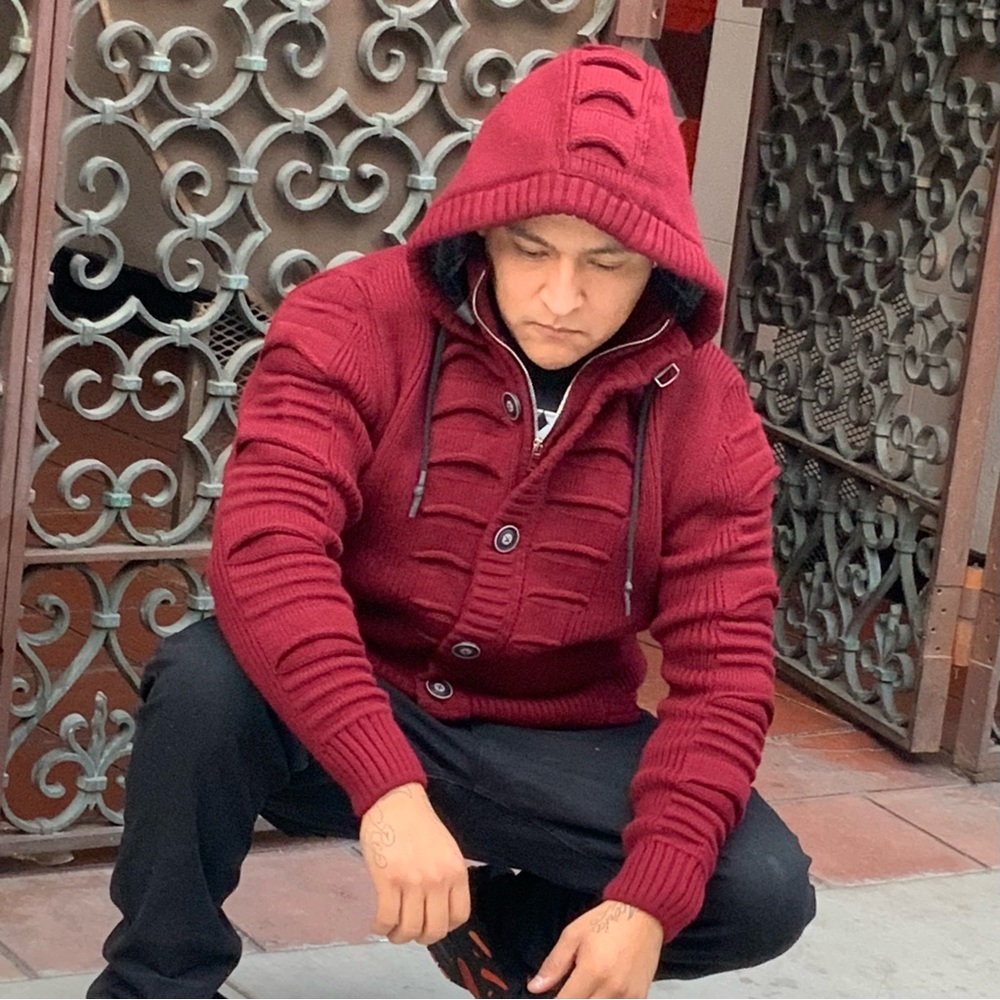 Men's Makobi Burgundy | Grey Faux Fur Hoodie Sweaters NWT